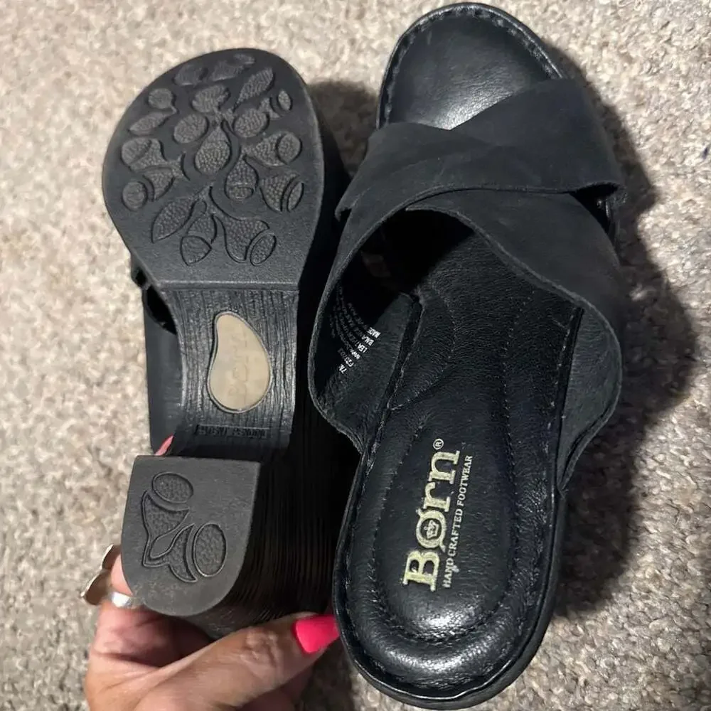 Born Black Leather Criss-Cross Wedge Sandals Mules Size 7